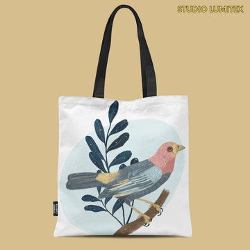 Tote Bag with Zipper Pocket - Blue Bird Print