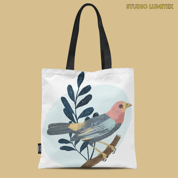 Zipper Pocket Tote Bag - Blue Bird Print