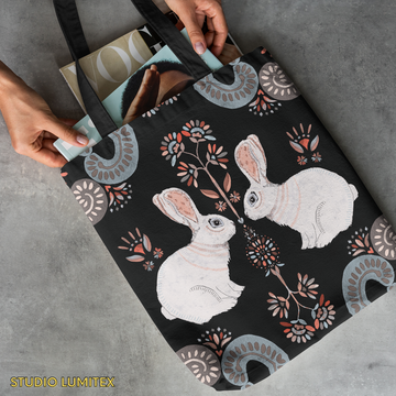 Zipper Pocket Tote Bag - Rabbit Print