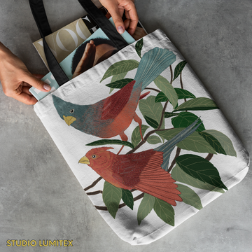 Zipper Pocket Tote Bag -  Forest Birds Print